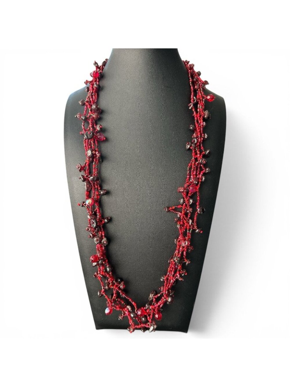 VTG Deep Red Multi Strand Garnet Stone Bead Necklace & Glass Bead 27"